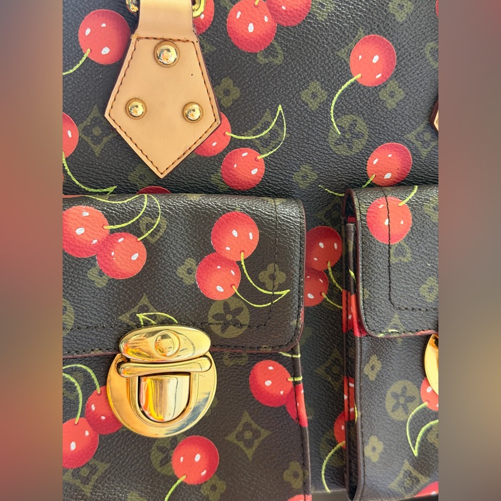 Cherry Print Satchel Handbag - Brown & Red - Picture 7 of 9